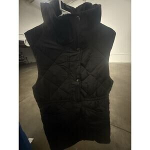 Women's Quilted Snap Vest Jacket Stand Collar Mid Length Black Size L